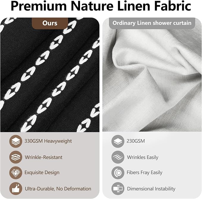 Seenus 72 x 76 inch Extra Long Boho Chic Shower Curtain Heavyweight with Tassels, Soft Linen Textured Fabric Farmhouse Shower Curtain, Elegant Black and White Striped Bathroom Curtain Water Repellent