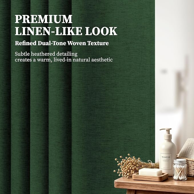 72x90 Linen Textured Waterproof Fabric Shower Curtain, Emerald Green | Long Size, 230GSM Polyester, Heavy Duty Cloth, Weighted Hem, 12 Plastic Hooks, Modern Luxury Hotel Style, Machine Washable