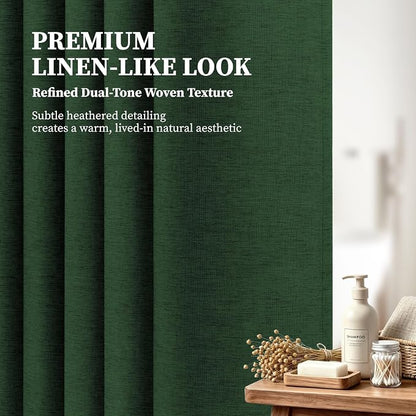 72x90 Linen Textured Waterproof Fabric Shower Curtain, Emerald Green | Long Size, 230GSM Polyester, Heavy Duty Cloth, Weighted Hem, 12 Plastic Hooks, Modern Luxury Hotel Style, Machine Washable