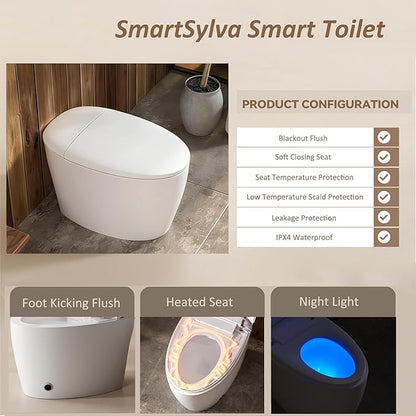 Smart Toilet with Basic Intelligent Function, Elongated Tankless Smart Toilet with Heated Seat, Auto Flush, Foot Kicking Flush, Night Light
