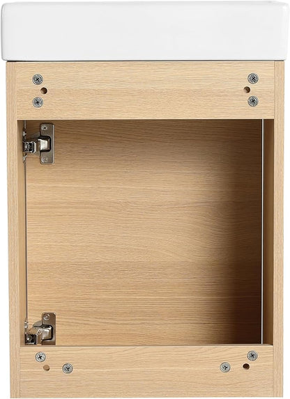 Malwee 16" Floating Bathroom Vanity with Sink, 16 inch Modern Brown Wall Mounted Bathroom Cabinet Combo for Small Space, Narrow Bath Wall-Hung Vanity Set with 1 Ceramic Basin and 1 Door(16cx)