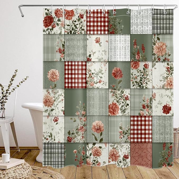 Vintage Boho Patchwork Shower Curtain with Pink Floral and Green Checkered Patterns Rustic Farmhouse Bathroom Decor, 60W X 72L Inch
