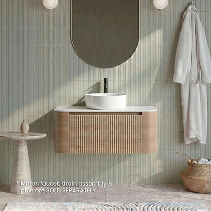 36" Preassembled Floating Bathroom Vanity with Round Sink, Oak | Mid-Century Modern Style, Fluted & Soft-Close Drawer with U-shaped Wall, Sinterted Stone Countertop, Towel Rack Included
