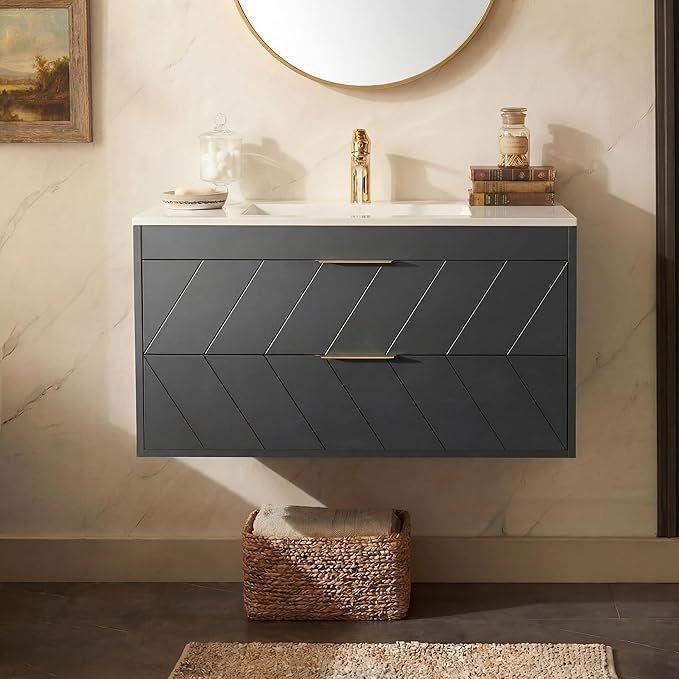 36 Inch Bathroom Vanity with Sink, Modern Floating Bathroom Vanity with Resin Sink, 2 Large Storage Darwers, Wood Grain Texture Wall Mounted Vanity, Gold Handles