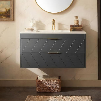 36 Inch Bathroom Vanity with Sink, Modern Floating Bathroom Vanity with Resin Sink, 2 Large Storage Darwers, Wood Grain Texture Wall Mounted Vanity, Gold Handles