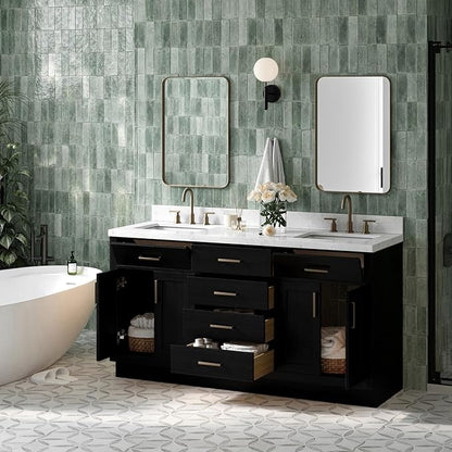 ARIEL Hepburn 66-inch Bathroom Vanity with Sink,Solid Wood, 1.5-inch Carrara White Quartz Countertop, Double Rectangular Porcelain Sink, 4 Soft Closing Doors, 6 Dovetail Drawers, Black Oak