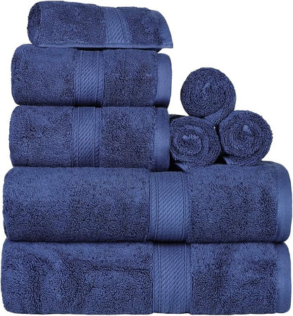 SUPERIOR Egyptian Cotton Ultra Plush & Absorbent, 8 Piece Set, Navy Blue | Quick Dry, Soft Luxury Towel Set, Bath Essentials, Guest Bath, Spa, 2 Bath, 2 Hand, 4 Face Towels, Madeline Towels