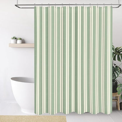 Tititex Cute Candy Cane Striped 140gsm Faux Linen Fabric Shower Curtain, Elegant Classic Sage Green Beige Shower Curtain Sets Decoration 72x72 Inch with Hooks