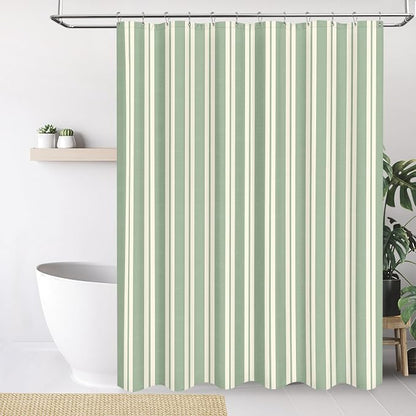 Tititex Cute Candy Cane Striped 140gsm Faux Linen Fabric Shower Curtain, Elegant Classic Sage Green Beige Shower Curtain Sets Decoration 72x84 Inch with Hooks
