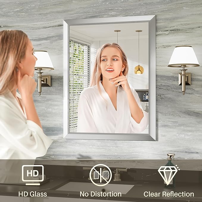 36x30 Inch Brushed Silver Bathroom Mirror for Wall, Thick Metal Framed Rectangle Mirrors for Over Sink, Bedroom, Living Room, Entryway, Anti-Rust, HD Tempered Glass