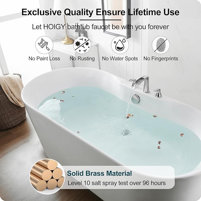 Widespread Waterfall Bathtub Faucet Set, Brass Chrome Roman Tub Faucet 3 Hole 8 Inch, 2 Handle Deck Mount with Supply Water Hoses for Garden Tub, Lifetime Use & 20 Mins Easy to Install