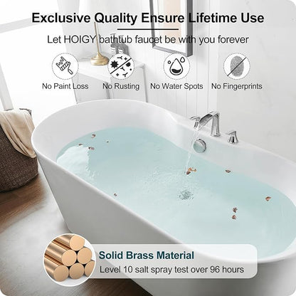 Widespread Waterfall Bathtub Faucet Set, Brass Chrome Roman Tub Faucet 3 Hole 8 Inch, 2 Handle Deck Mount with Supply Water Hoses for Garden Tub, Lifetime Use & 20 Mins Easy to Install