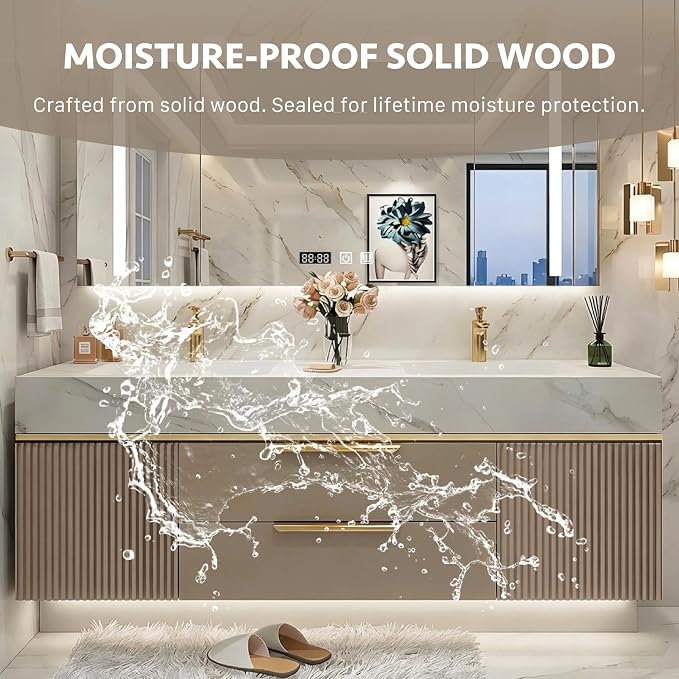 72 Inch Floating Bathroom Vanity with Double Sink, Khaki | Smart LED Defog Medicine Cabinet, Sintered Stone Countertop, Solid Wood, 2 Soft-Close Doors & Drawers, Khaki