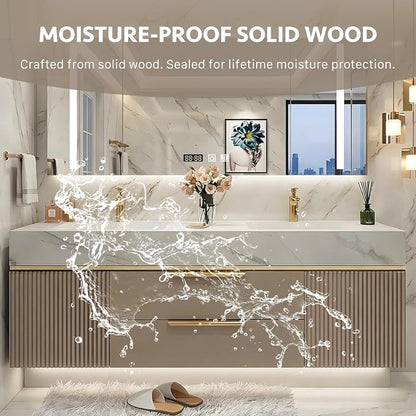72 Inch Floating Bathroom Vanity with Double Sink, Khaki | Smart LED Defog Medicine Cabinet, Sintered Stone Countertop, Solid Wood, 2 Soft-Close Doors & Drawers, Khaki