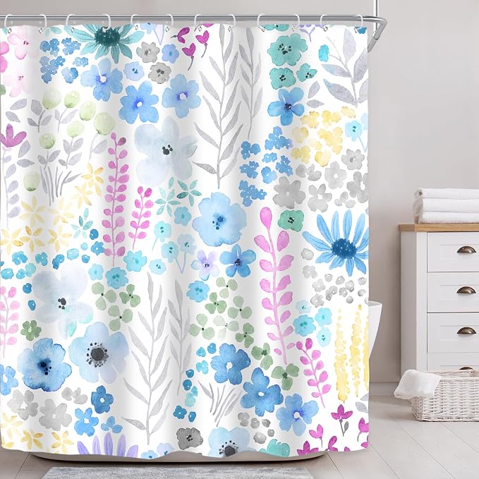 Blue Floral Girls Kids Boho Cute Wildflower Art Bathroom Shower Curtain Set | 60"W x 72"H Watercolor Leaves; waterproof HD print, quick-dry fabric with 12 hooks for easy hanging.