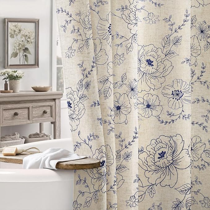 Farmhouse Floral Linen Shower Curtain, Vintage Navy Blue Embroidered Pattern Rustic Shower Curtains for Bathroom, 72x72