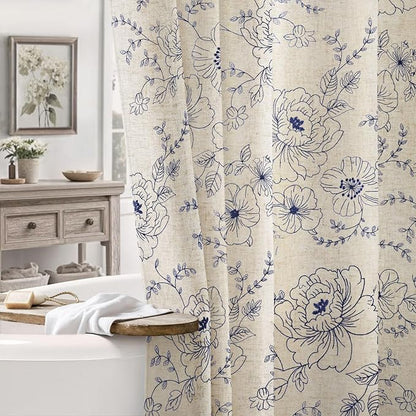 Farmhouse Floral Linen Shower Curtain, Vintage Navy Blue Embroidered Pattern Rustic Shower Curtains for Bathroom, 72x72