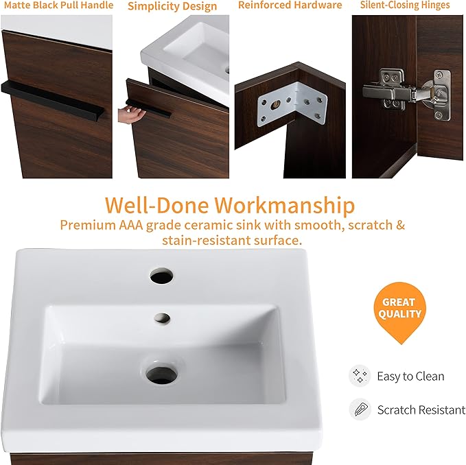 18" Small Bathroom Vanity with Sink, 18 Inch Floating Bathroom Vanity for Small Space, Wall Mounted Cabinet Set