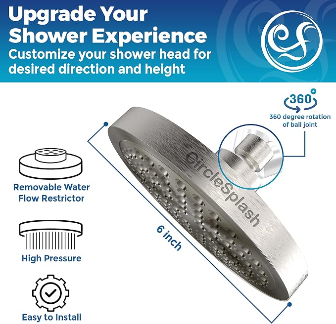 CircleSplash Shower Head - High Pressure 2.5 GPM - Brushed Nickel | Anti-clog silicone nozzles, removable restrictor, easy-clean fixed replacement