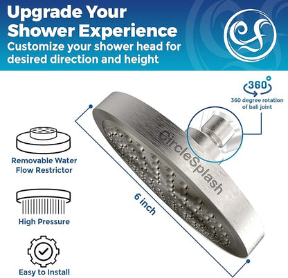 CircleSplash Shower Head - High Pressure 2.5 GPM - Brushed Nickel | Anti-clog silicone nozzles, removable restrictor, easy-clean fixed replacement