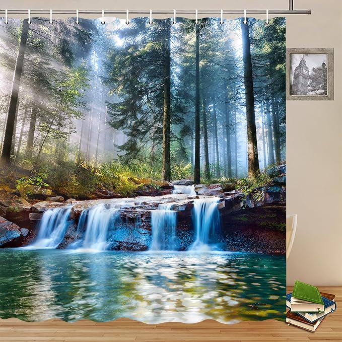 Waterfalls Shower Curtains Natural Scenery Bathroom Decor 70 x 70 Inch | Rushing Water Outdoor Landscape Forest Sunshine Tree Plant Polyester Fabric Bath Bathtub Hanging Cloth Curtain Set with Hooks