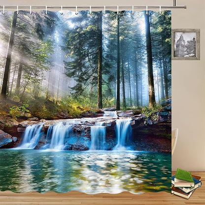 Waterfalls Shower Curtains Outdoor Natural Scenery Forest Sunshine Tree Plant Landscape Courtyard Bathroom Decor Polyester Fabric Curtain Set 80 x 70 Inch with Hooks