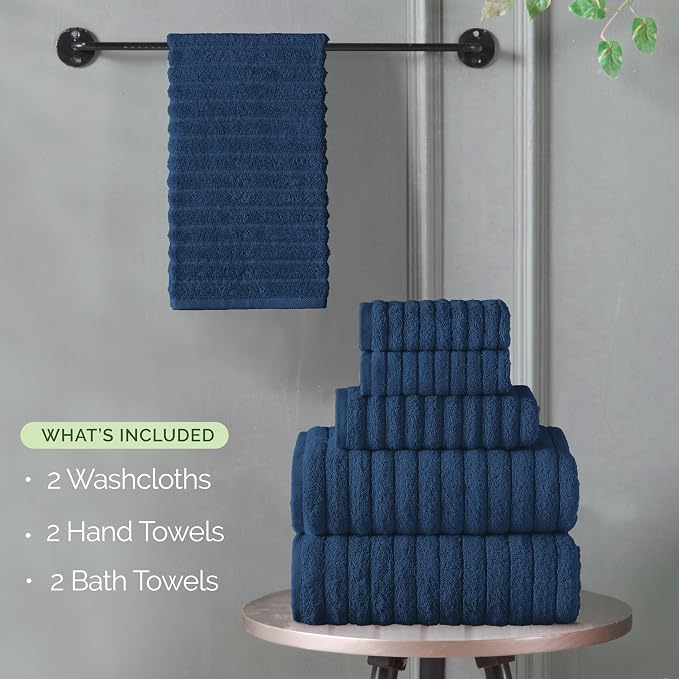 Elegant Comfort 100% Turkish Cotton Corduroy Ribbed Luxury Bath Towels 6-Piece Set, Premium Feel - Quick Dry, Highly Absorbent, Contains 2 Bath Towels, 2 Hand Towels, and 2 Washcloths, Navy