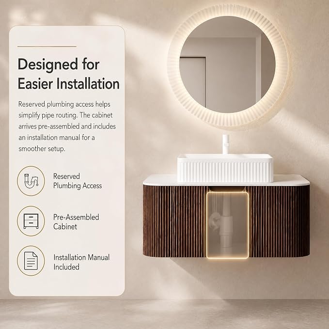30 Inch Bathroom Vanity with Sink, Floating Wall Mounted Single Sink Vanity, Dark Walnut Curved Fluted Front, Stone Top, White Textured Rectangular Vessel Basin, Pre-Assembled