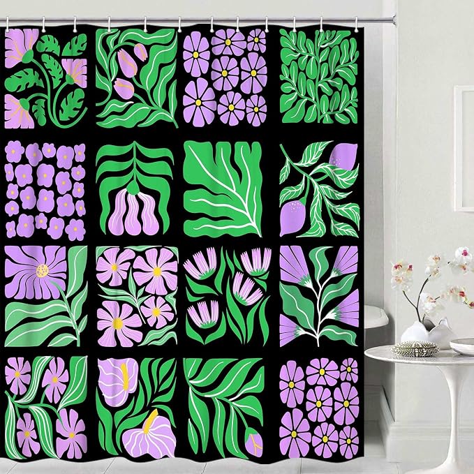 JAWO Purple Green Floral Shower Curtain for Women Girls, Vintage Abstract Boho Flower Bathroom Decor with Botanical Geometric Patterns, Retro Waterproof Fabric Shower Curtain Sets with Hooks, 60X70IN