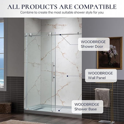 Woodbridge 36" W x 96" H 3-Piece Solid Surface Tile Tub and Shower Wall Panel Surround Kit in Beige Marble with Soft Brown Veining (High Gloss Finish), Quick Install and Trimmable, 3/16" (5mm) Thick