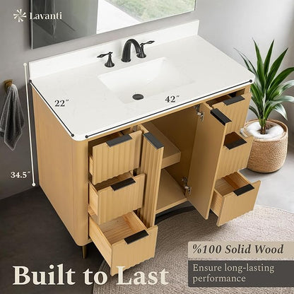 Lavanti Wooderna 42 Inch Bathroom Vanity with Sink – Stylish Firwood Oak Vanity Bathroom with Storage Cabinet – Modern Bathroom Vanities with Single Vanity Sink & Quartz Countertop