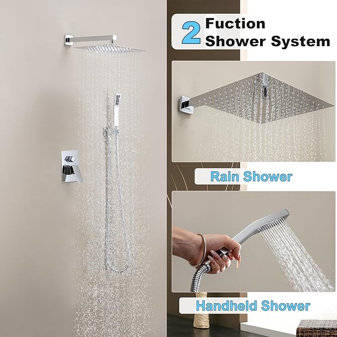 Shower Faucet Set, Shower System with 12 Inch Rain Showerhead and Handheld Shower, Wall Mounted High-Pressure Showerhead Combo Set Included Valve and Trim, Polished Chrome