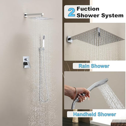 Shower Faucet Set, Shower System with 12 Inch Rain Showerhead and Handheld Shower, Wall Mounted High-Pressure Showerhead Combo Set Included Valve and Trim, Polished Chrome