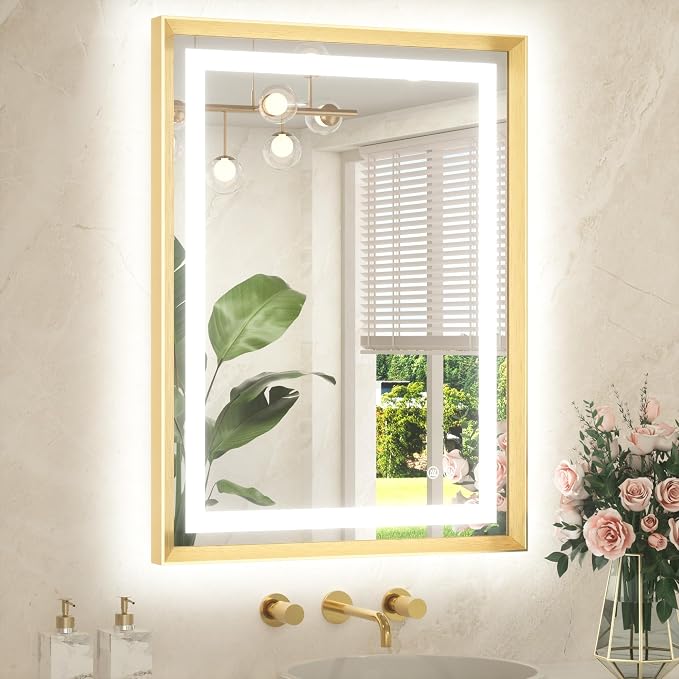 24 x 32 Bathroom LED Mirror Brushed Gold Metal Frame Frontlit & Backlit Vanity Mirror Anti-Fog Stepless Dimmable 3 Colors White/Warm/Natural Mirror with Lights Wall-Mounted