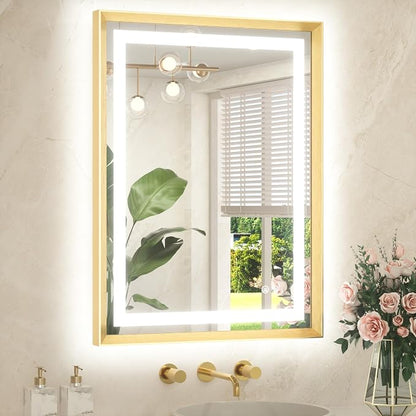 24 x 32 Bathroom LED Mirror Brushed Gold Metal Frame Frontlit & Backlit Vanity Mirror Anti-Fog Stepless Dimmable 3 Colors White/Warm/Natural Mirror with Lights Wall-Mounted