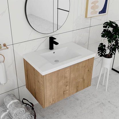 30 Inch Bathroom Vanity with Sink, Modern Wall Mount Floating Bathroom Vanity Set, Brown Vanity, Ceramic Sink and Soft Close Door