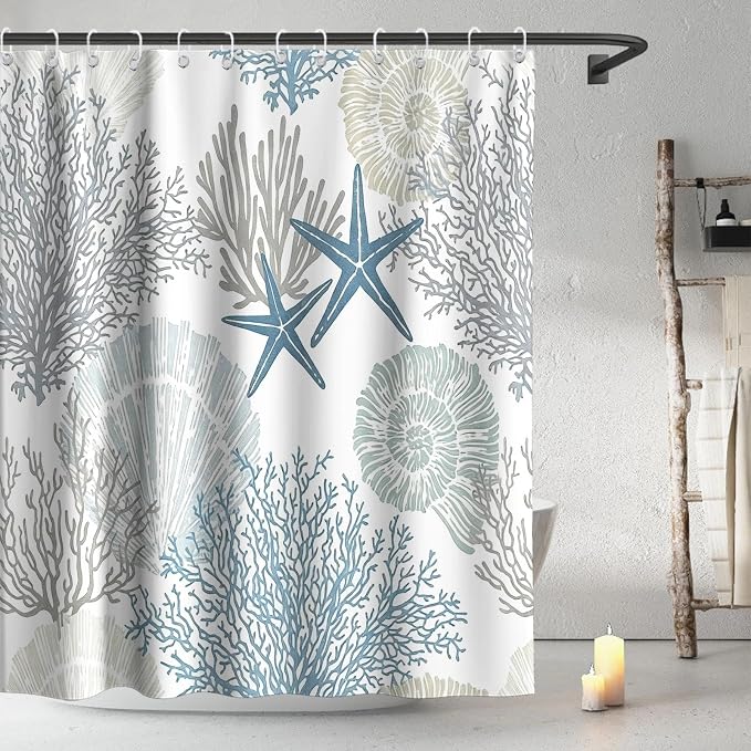Modern Ocean Rustic Shower Curtain, Coastal Summer Aesthetic Unique Seashell Shower Curtains for Bathroom, Waterproof Bath Curtain with Hooks Machine Washable Bathtub Curtains 72x72 Inch Blue