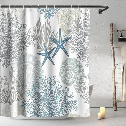 Modern Ocean Rustic Shower Curtain, Coastal Summer Aesthetic Unique Seashell Shower Curtains for Bathroom, Waterproof Bath Curtain with Hooks Machine Washable Bathtub Curtains 72x72 Inch Blue