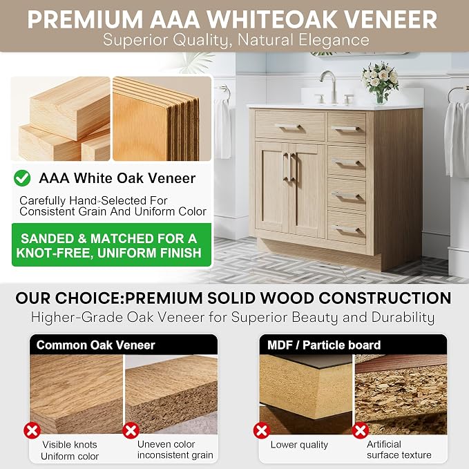 36-Inch Bathroom Vanity with Sink W/ 2 Doors & 4 Drawers & 1 Flip Drawer, Oak Vanity W/Brushed Nickel Handles