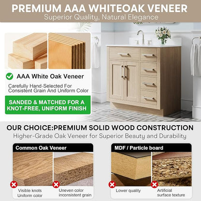 36-Inch Bathroom Vanity with Sink W/ 2 Doors & 4 Drawers & 1 Flip Drawer, Oak Vanity W/Brushed Nickel Handles