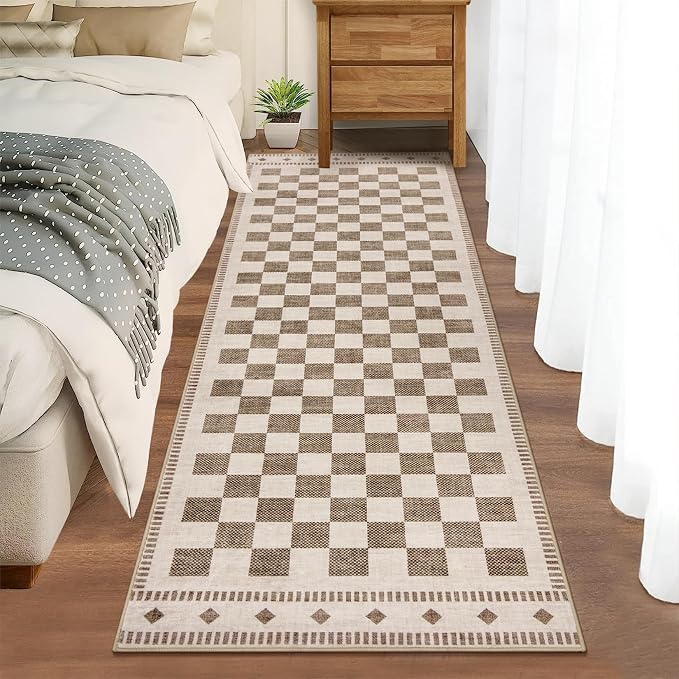 Garvee Washable 2x6 Hallway Runner Non Slip Checkered Beige Entryway Rug | Low Pile Farmhouse Neutral Soft Bath Mat Stain Resistant Carpet for Bedroom Kitchen Laundry 2'x6' Beige