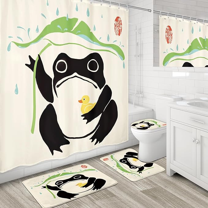 LGhtyro 4PCS Funny Frog 71Wx71H Inches Duck Traditional Japanese Leaf Rain Shower Curtain Sets with Rugs,Toilet Lid Cover and Bath Mat,Lovely Bath Accessories Art Home Decor Fabric 12 Pack Hooks