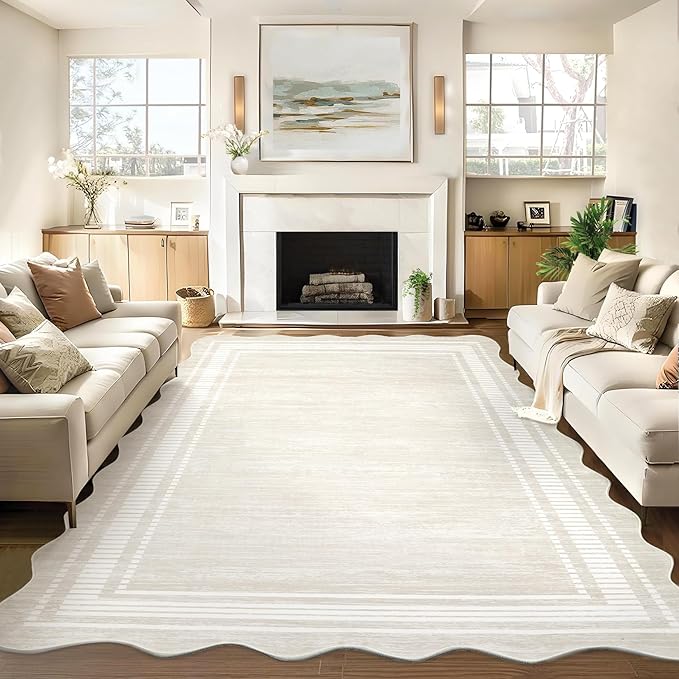 Garvee Scalloped Area Rug 9x12 Large Washable Rug for Living Room, Beige | Girls Rug for Bedroom, Non-Slip Soft Carpet for Bedroom, Scalloped Low-Pile Print Accent Rug for Dining Room Home Office