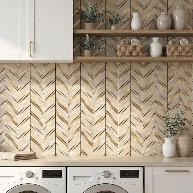 Yipscazo 10-Sheet Herringbone Peel and Stick Backsplash, Beige Stone Mixed Metal Gold PVC Stick on Tiles for Kitchen, Waterproof Self Adhesive Wall Tiles for Bathroom