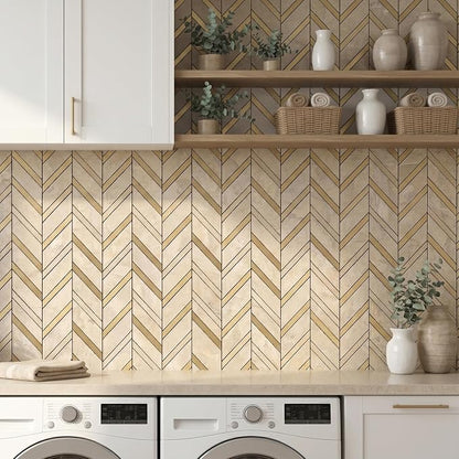Yipscazo 10-Sheet Herringbone Peel and Stick Backsplash, Beige Stone Mixed Metal Gold PVC Stick on Tiles for Kitchen, Waterproof Self Adhesive Wall Tiles for Bathroom