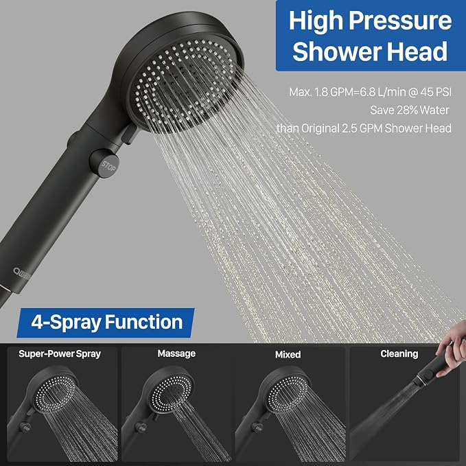 RV Shower Head with Hose, High Pressure Shower Head with Handheld On Off Switch, Travel Trailer, Motorhome and Boat and Camper Must Have RV Accessories Replacement Part, Matte Black