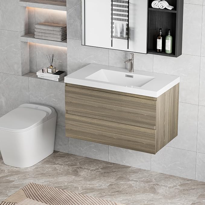 Pre-Assembled 36" Floating Bathroom Vanity with Sink, Ash Grey | Wall-Mounted Bathroom Vanity with Solid Surface Top Basin, 2 Soft Close Drawers, Easy to Install & Clean