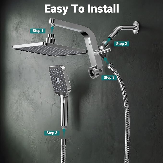 12" XXL Rainfall Shower Head with Handheld Combo, Chrome Polished | High Pressure, Magnetic Docking, Air-Infusion Tech, Anti-Leak One-Piece Design, Dual Square Showerhead