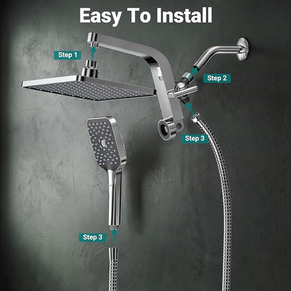 12" XXL Rainfall Shower Head with Handheld Combo, Chrome Polished | High Pressure, Magnetic Docking, Air-Infusion Tech, Anti-Leak One-Piece Design, Dual Square Showerhead