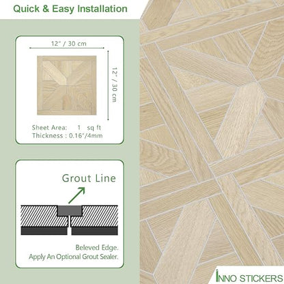 12-Pack Peel and Stick Floor Tile, 12" x 12" Pinwheel SPC Self-Adhesive Luxury Vinyl Flooring, Wood-Look Groutable Backsplash Tile for Kitchen Bathroom, Natural Oak, Covers 12 Sq. Ft.
